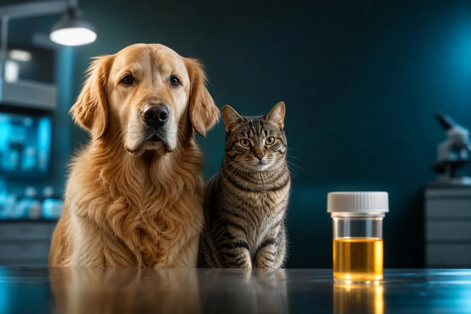 A golden retriever and a tabby cat in a veterinary clinic